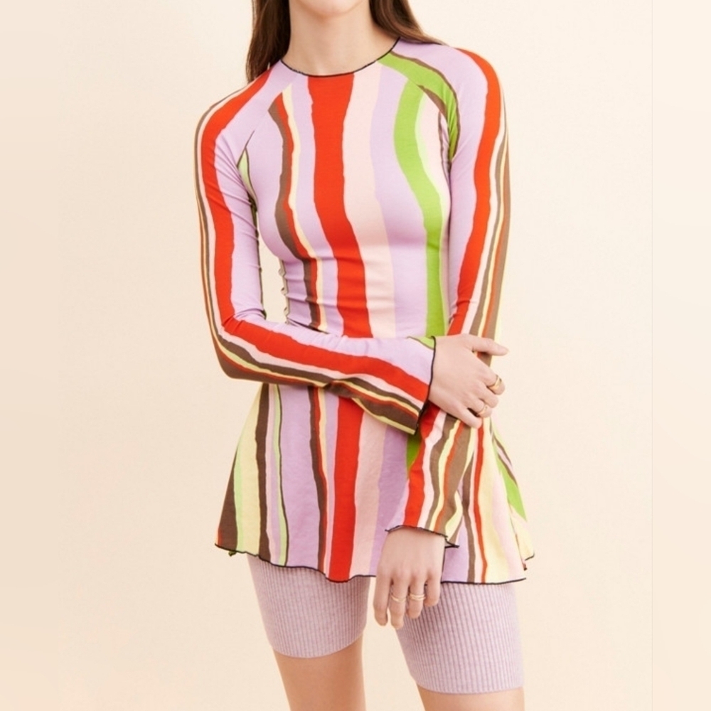 Arthur Apparel x Free People Size 2 Skins Flared Tunic, Red Purple Green Stripe